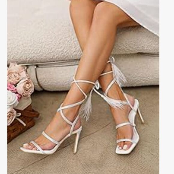 Rhinestone Embellished Open Square Toe Strappy Lace Up Heels - White new - Picture 2 of 12
